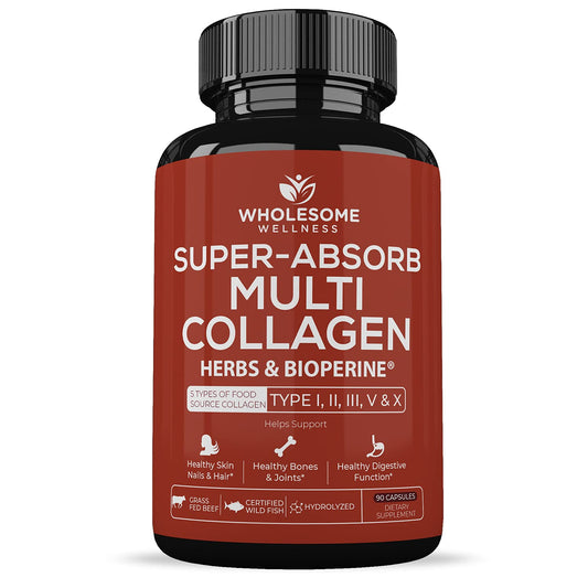 Wholesome Wellness collagen bottle front showing five types for versatile skin support.