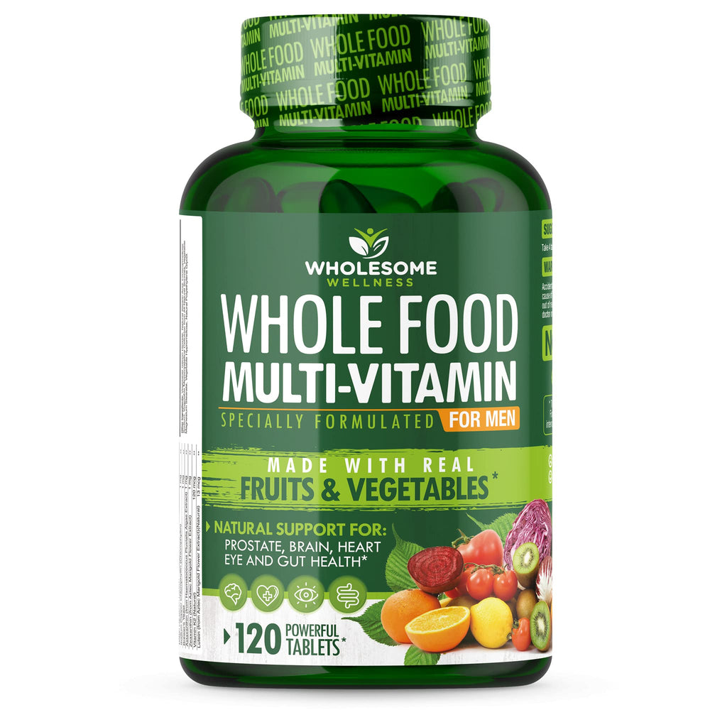 Wholesome Wellness Whole Food Multivitamin for Men bottle front view supports daily vitality