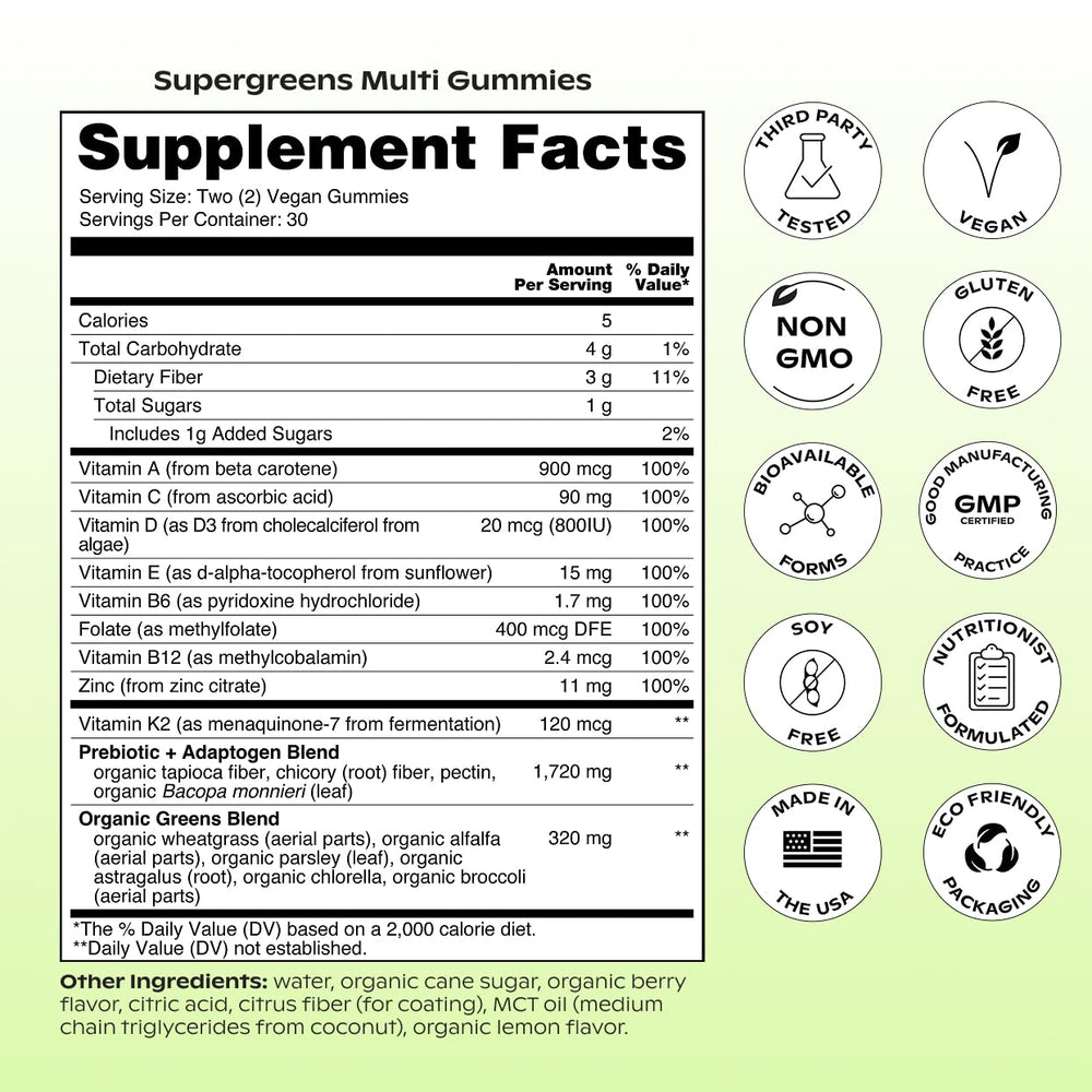 Wholier Daily Supergreens bottle showing Bacopa adaptogen for focus