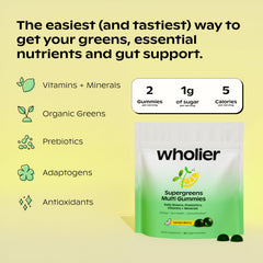 Wholier Daily Supergreens bottle with organic greens and adaptogens for vitality