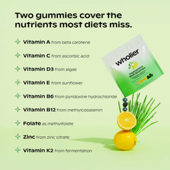 Wholier Daily Supergreens gummies close-up of prebiotics supporting gut health
