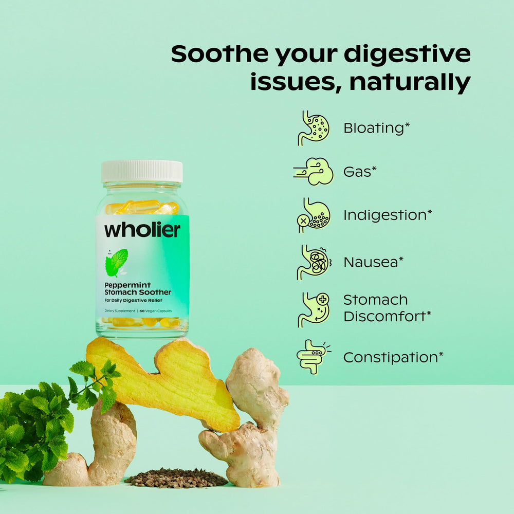 Wholier ginger root oil bottle supports gentle gut comfort.