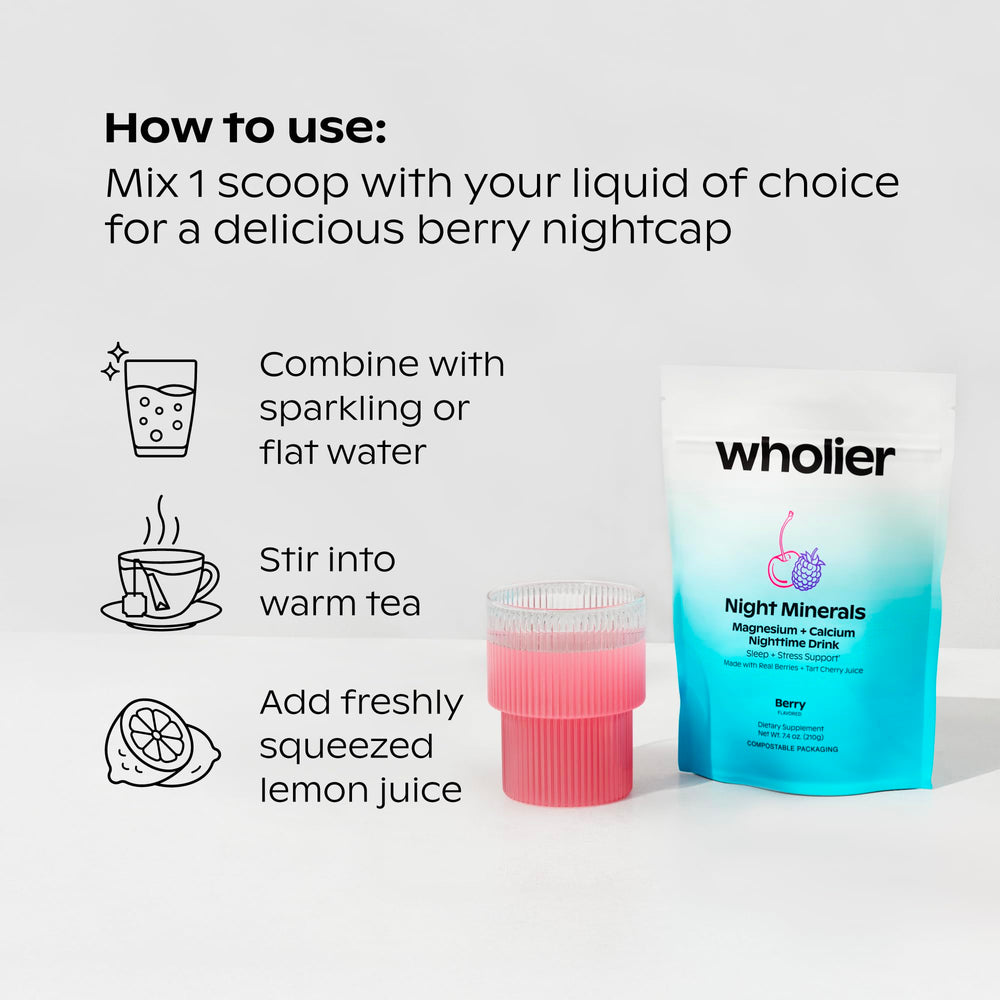 Wholier Night Minerals dissolving powder in water enables customizable bedtime beverage