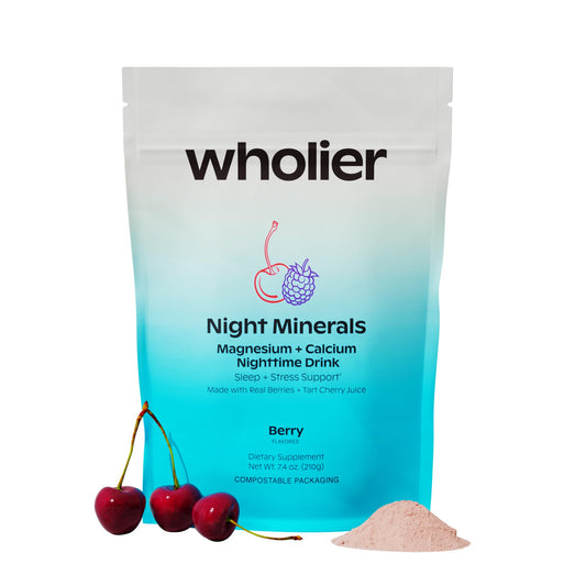 Wholier Night Minerals bottle shows magnesium glycinate for calming nighttime support