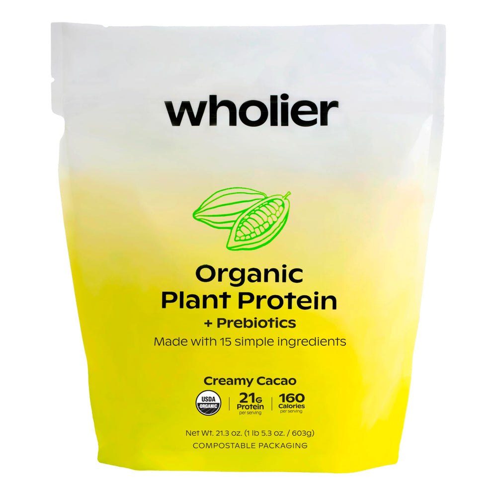 Wholier Organic Plant Protein Creamy Cacao tub for daily clean nutrition.