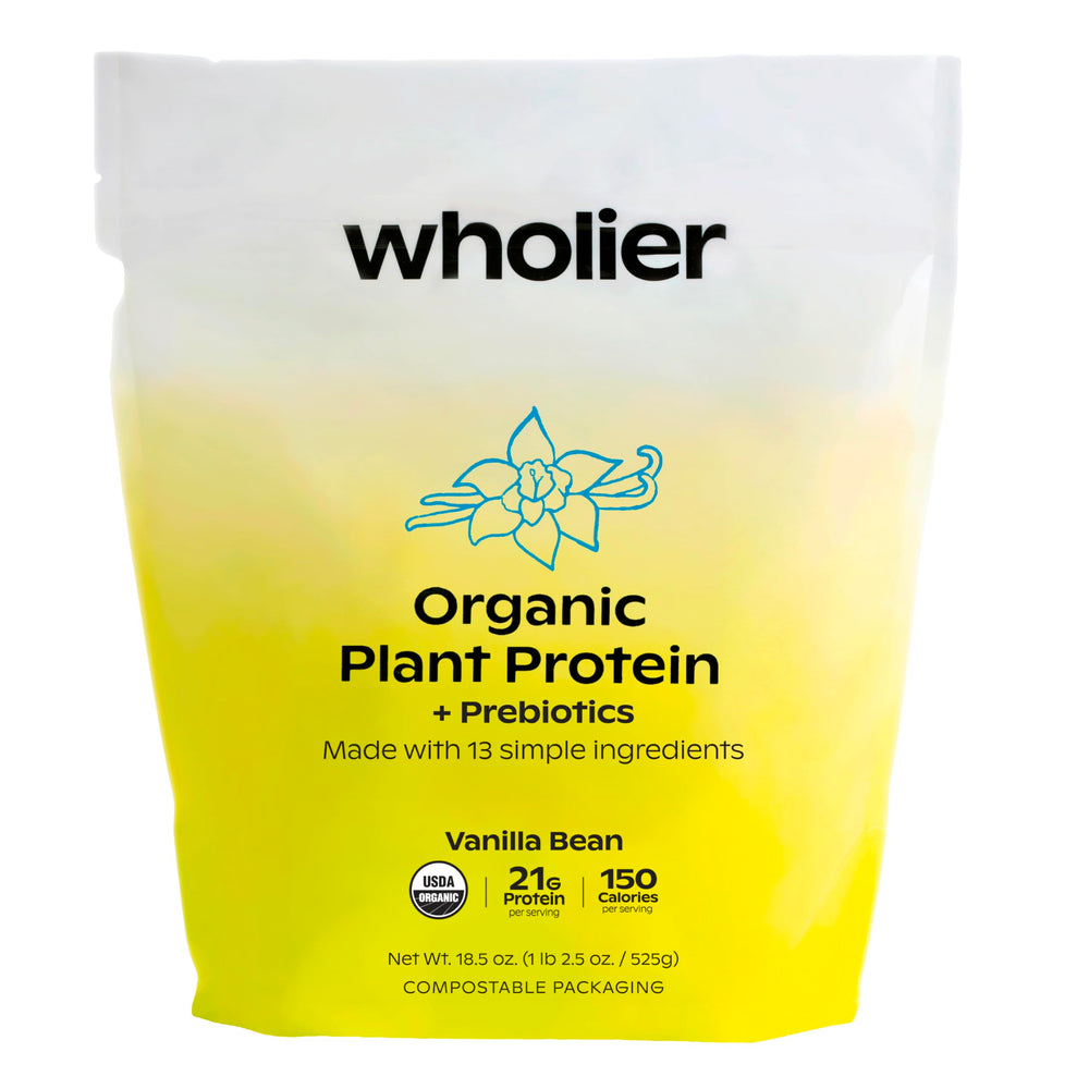 Wholier Organic Plant Protein bottle showing vanilla flavor and clean ingredients.