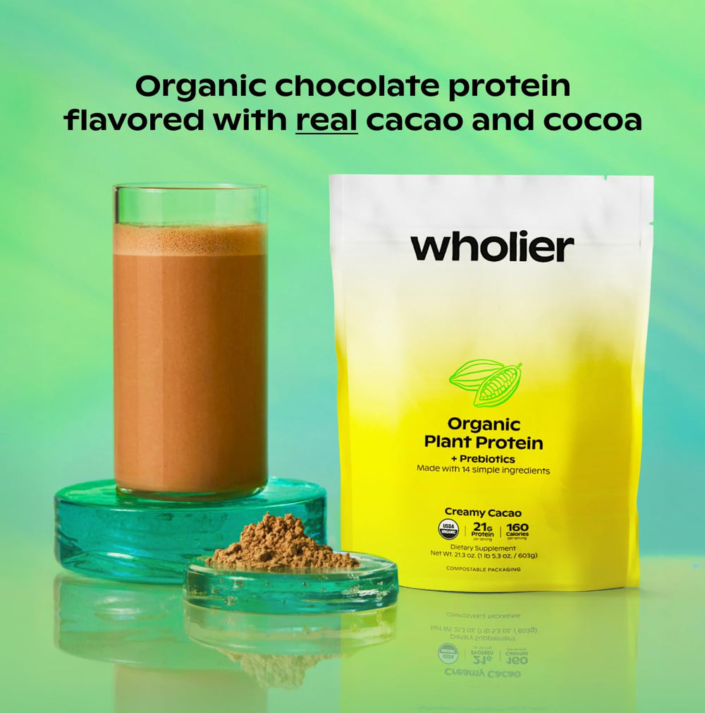 Wholier Organic Plant Protein shake in a glass showing creamy texture.