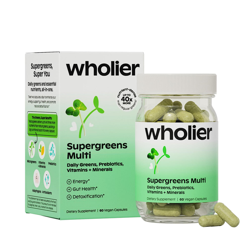 Wholier Supergreens Multi bottle and capsules for daily nutrition.
