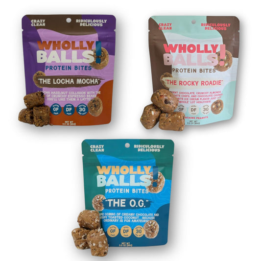 Wholly Balls Protein Bites Chocolate Pack, a high-protein snack for energy between workouts.