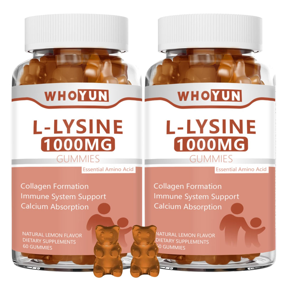 Whoyun L-Lysine gummies bottle front highlighting lemon flavor and potency