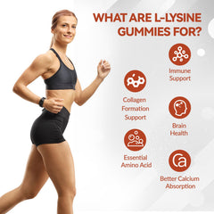 Whoyun L-Lysine gummies packaging emphasizing gluten-free and non-GMO notes