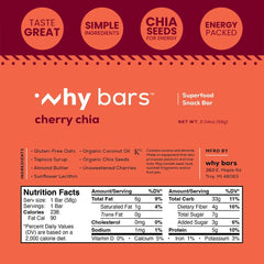 Why Bars Cherry Chia bar nutrition panel highlights gluten-free, fiber-rich energy on the go