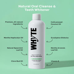 WHYTE mouthwash splash illustrating cleansing action and breath freshness