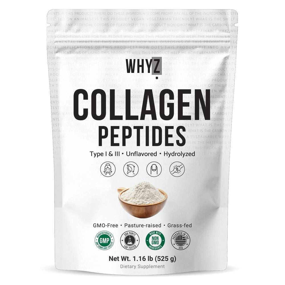 WHYZ bovine collagen powder front packaging highlights hydrolyzed protein for easy mixing in drinks.