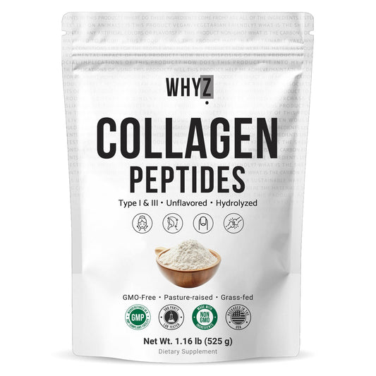 WHYZ bovine collagen powder front packaging highlights hydrolyzed protein for easy mixing in drinks.