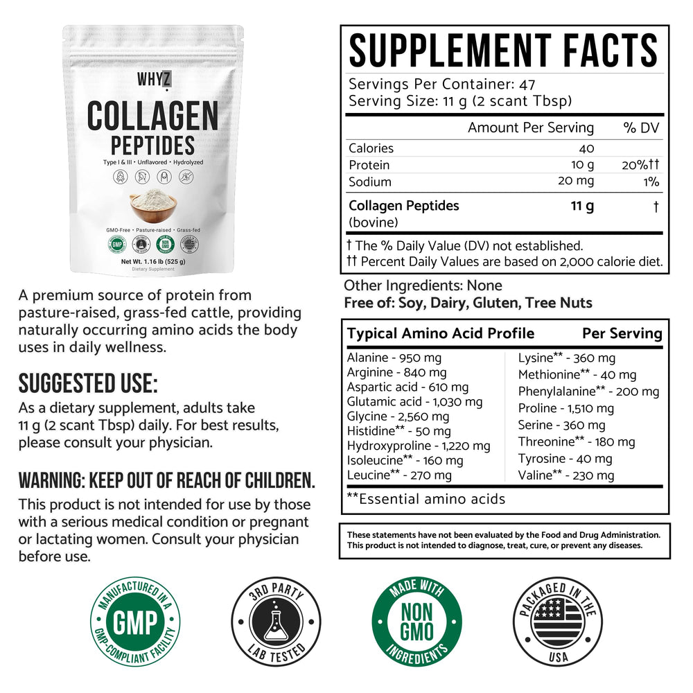 WHYZ bovine collagen powder with scoop emphasizes precise dosing for daily use.