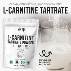 Clean-label WHYZ L-Carnitine Tartrate jar showing non-GMO formula.