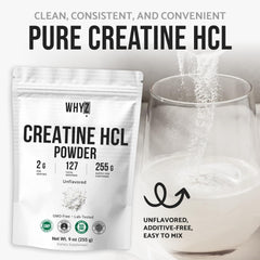WHYZ Creatine HCl powder label highlights non GMO and gluten free status.