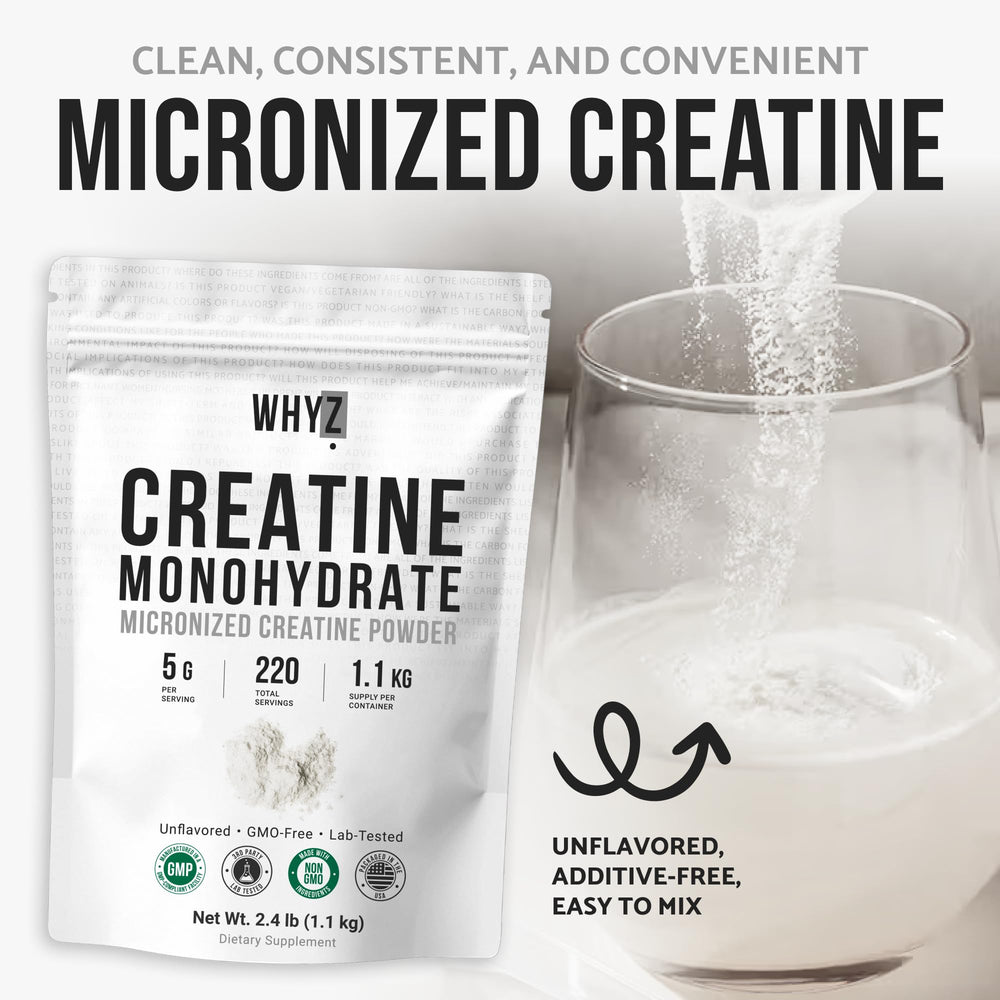 WHYZ unflavored creatine monohydrate blends quietly with juices and smoothies.