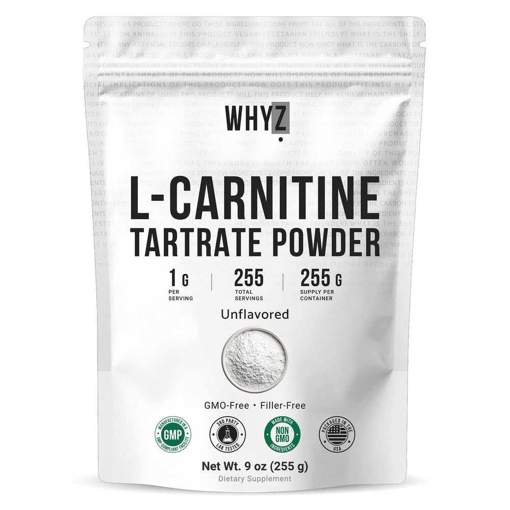 WHYZ L-Carnitine Tartrate powder bottle with neutral taste for easy daily use.