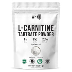 WHYZ L-Carnitine Tartrate powder bottle with neutral taste for easy daily use.