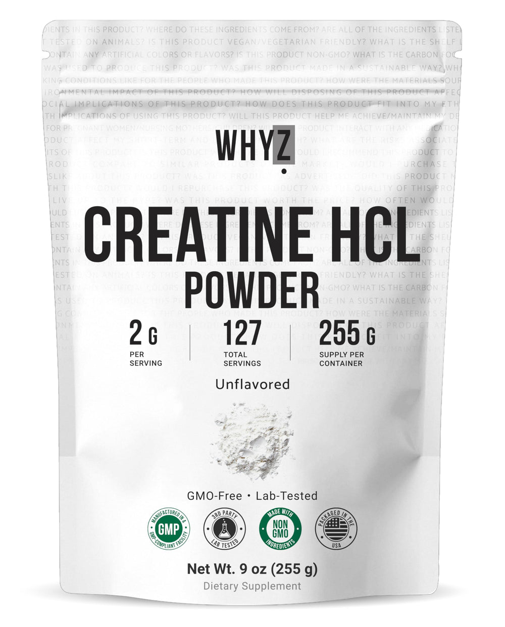 WHYZ Pure Creatine HCl powder packaging for a clean daily supplement.