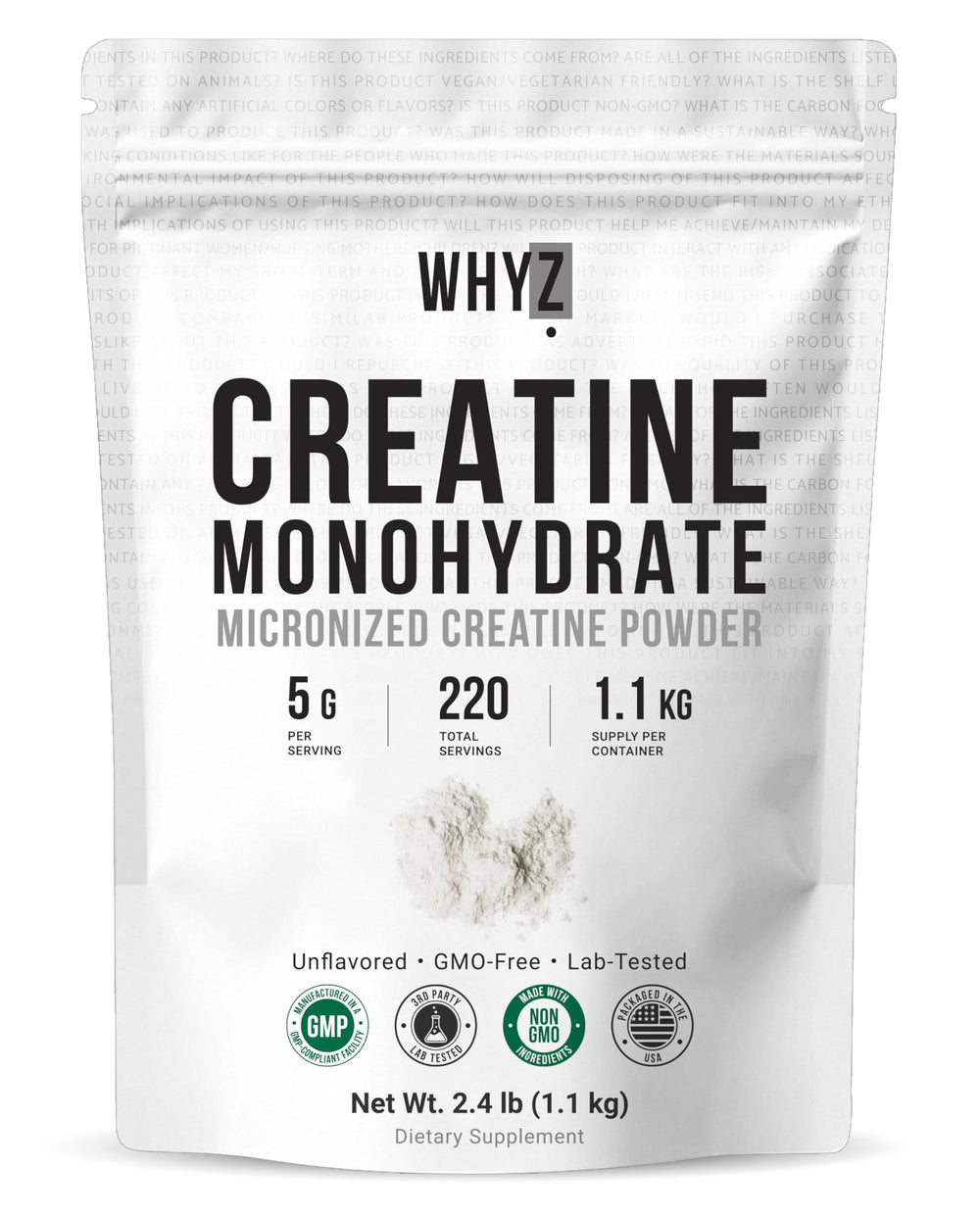 WHYZ Pure Creatine Monohydrate powder in bag for easy storage and consistent dosing.