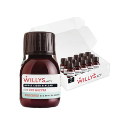 Willys Apple Cider Vinegar Shot bottle showing raw, unfiltered formula with the Mother for daily digestion support.