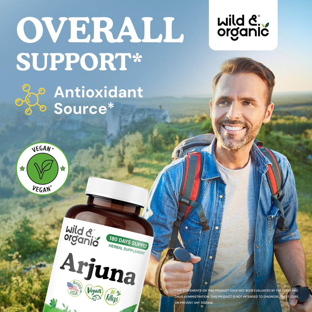 Wild & Organic Arjuna Bark Capsules bottle close-up highlighting vegan, non-GMO formula for daily health.