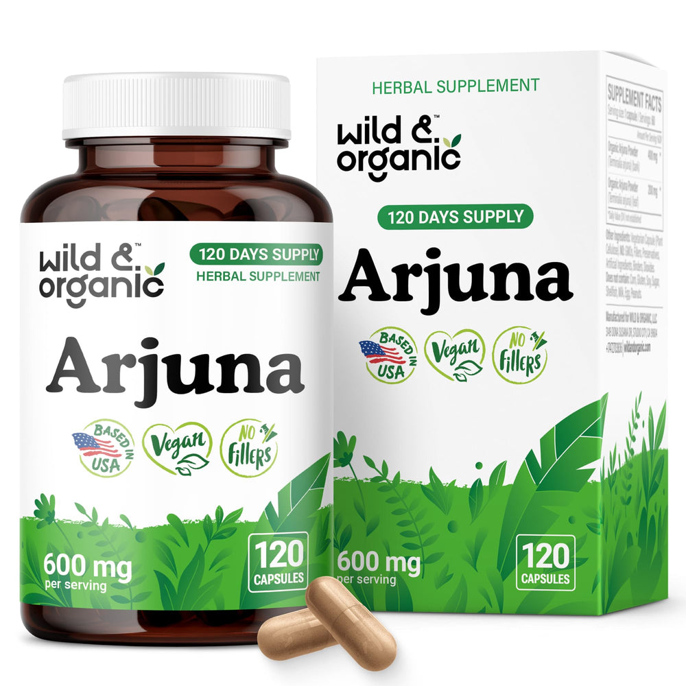 Wild & Organic Arjuna Bark Capsules bottle-front for daily wellness support