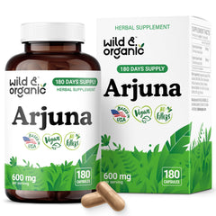 Wild & Organic Arjuna Bark Capsules packshot showing 180 capsules for a six-month supply.