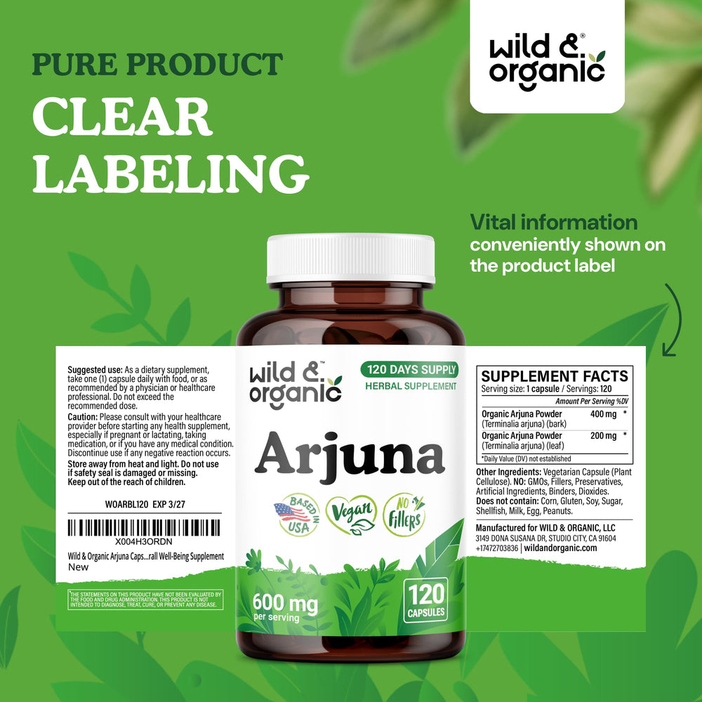 Wild & Organic Arjuna capsules on display emphasizing vegan formula and no fillers