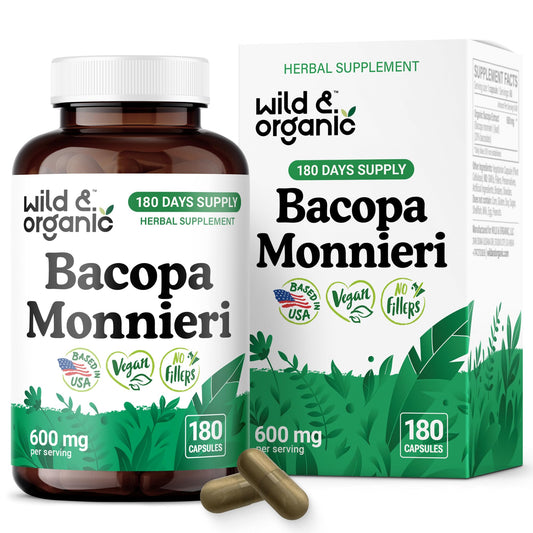Wild & Organic Bacopa Monnieri bottle front displaying 600 mg capsules for brain support