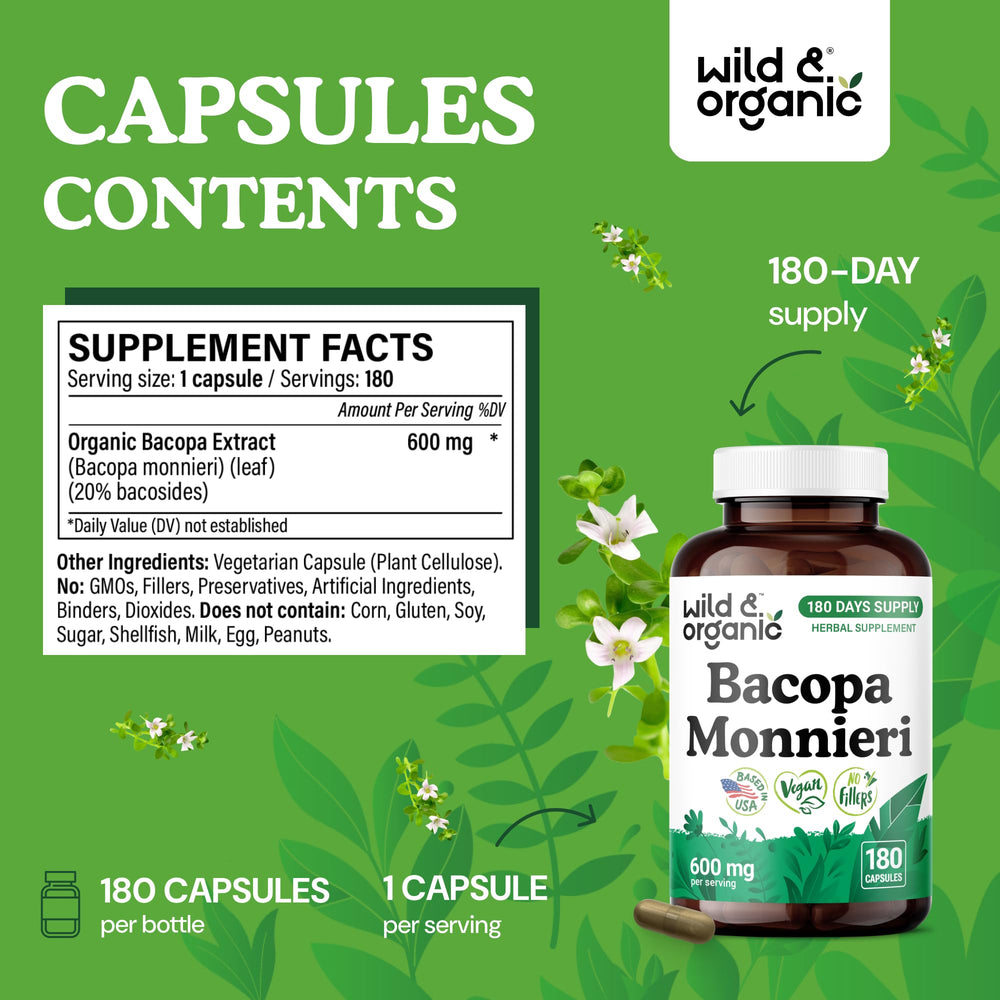 Close-up of Wild & Organic Bacopa Monnieri capsules highlighting easy-to-swallow form