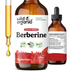 Wild & Organic Berberine Drops 500mg bottle showing the pure tincture for overall wellness.