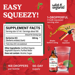 Wild & Organic Berberine Drops label; vegan, sugar-free formula.