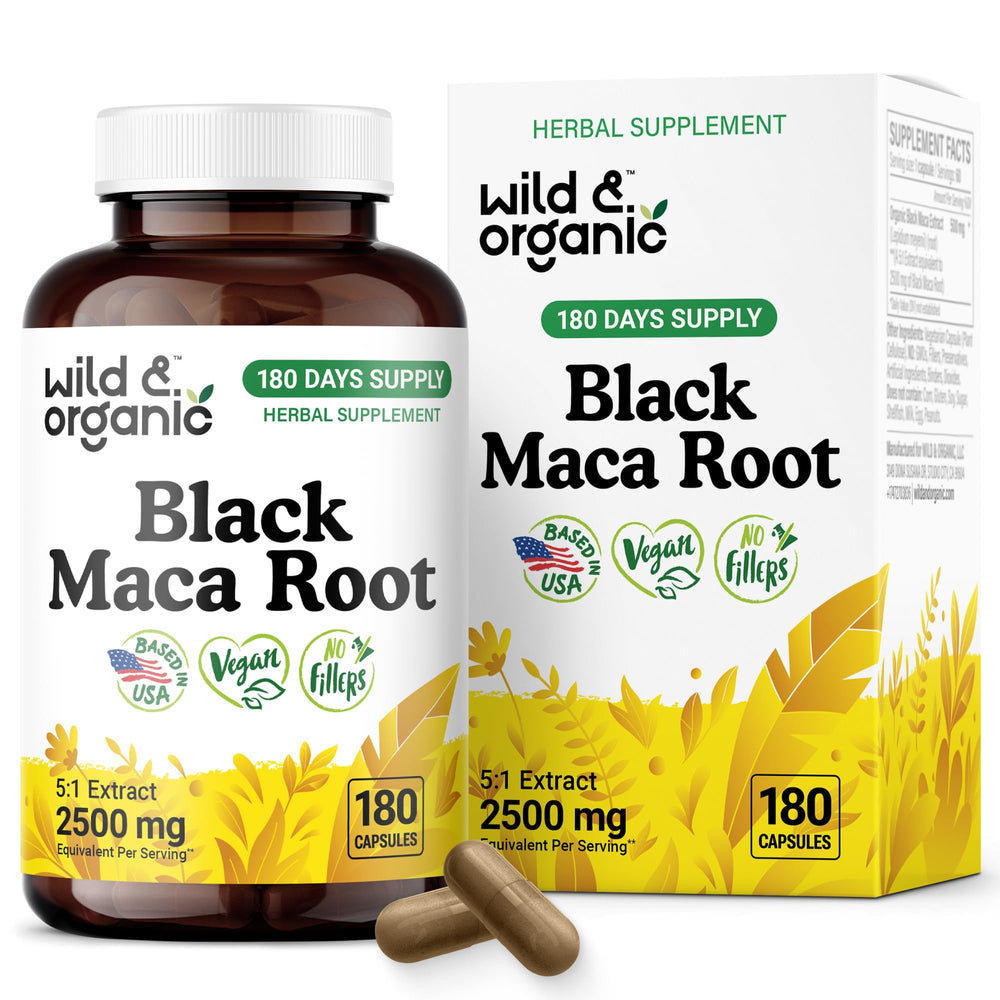 Wild & Organic black maca root capsules bottle for daily wellness support.