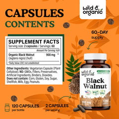 Wild & Organic Black Walnut Hull Capsules capsules inside bottle, easy daily use.