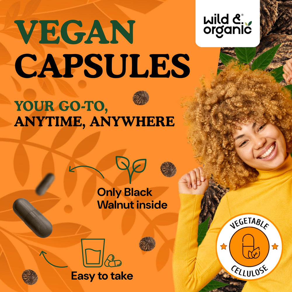Wild & Organic Black Walnut Hull Capsules close-up, smooth coating for easy ingestion.