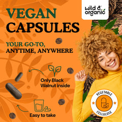 Wild & Organic Black Walnut Hull Capsules close-up, smooth coating for easy ingestion.