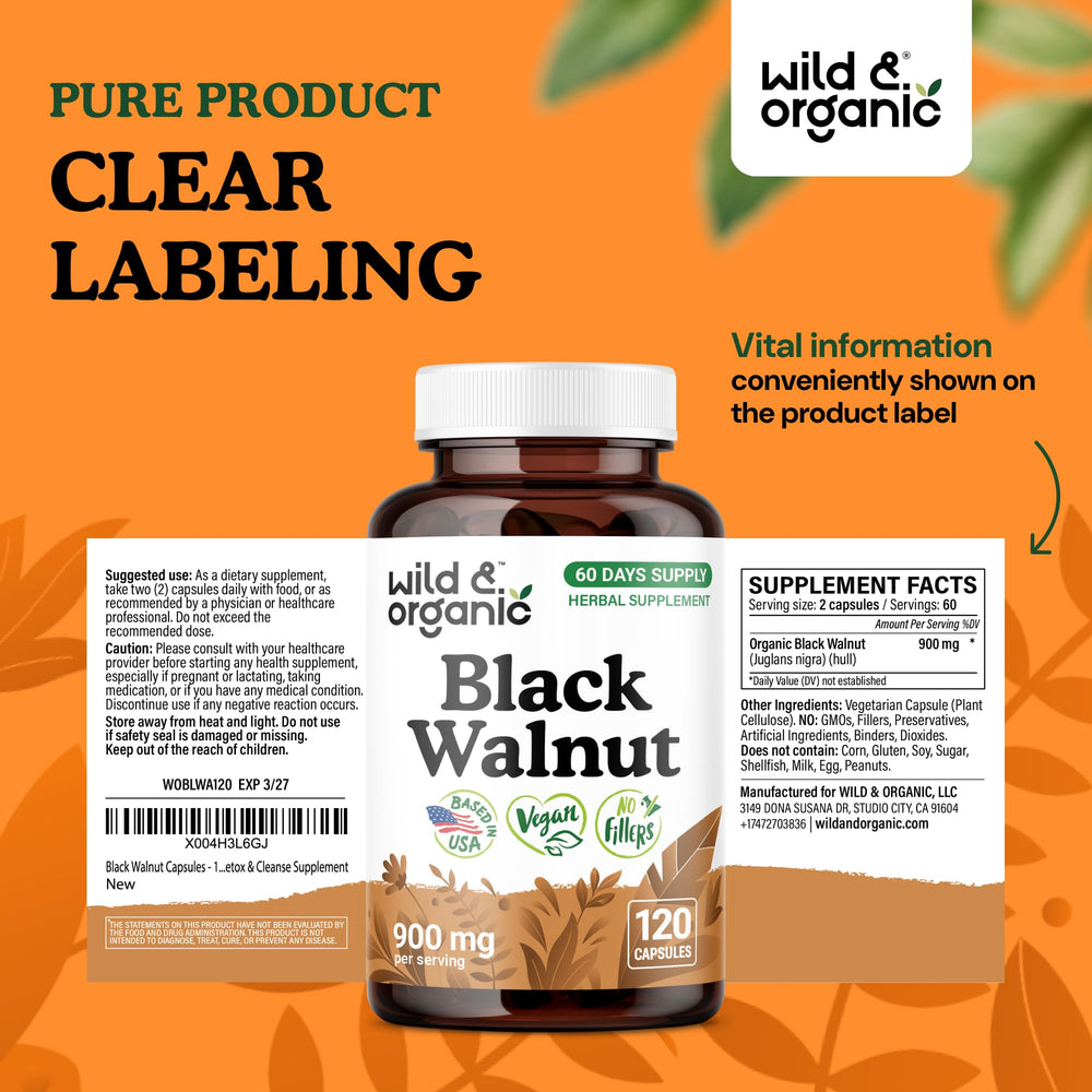 Wild & Organic Black Walnut Hull Capsules product shot with plant-based branding.