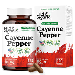 Wild & Organic Cayenne Capsules bottle visible, supports digestive comfort with natural cayenne extract.
