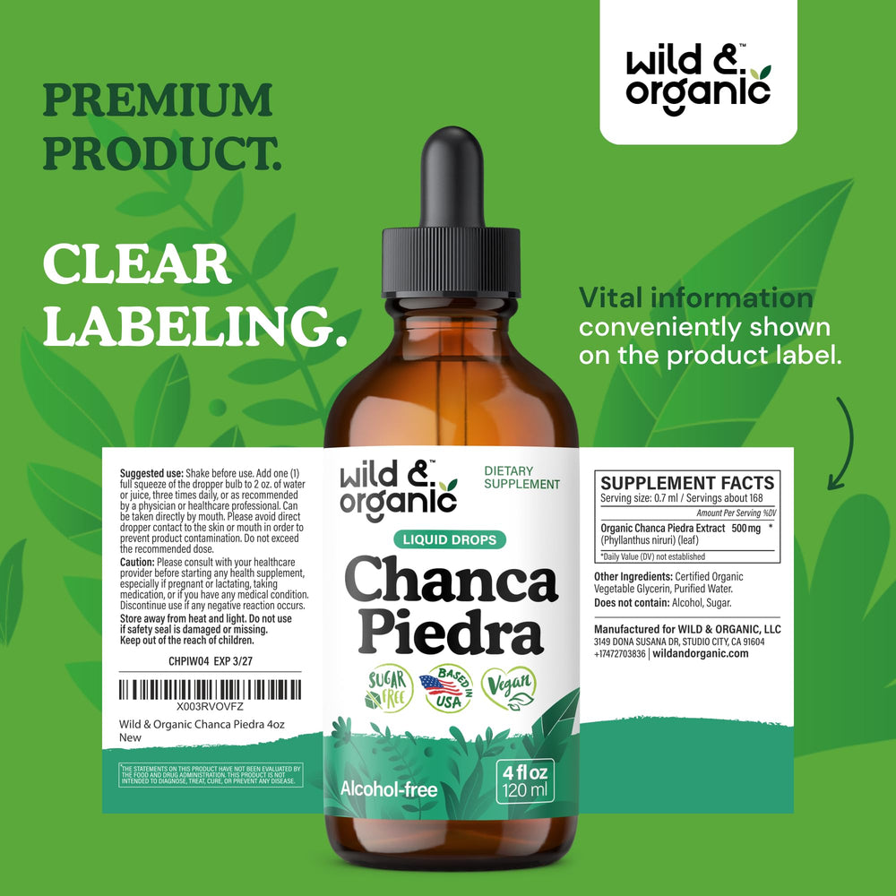 Countertop display of Wild & Organic Chanca Piedra Drops.