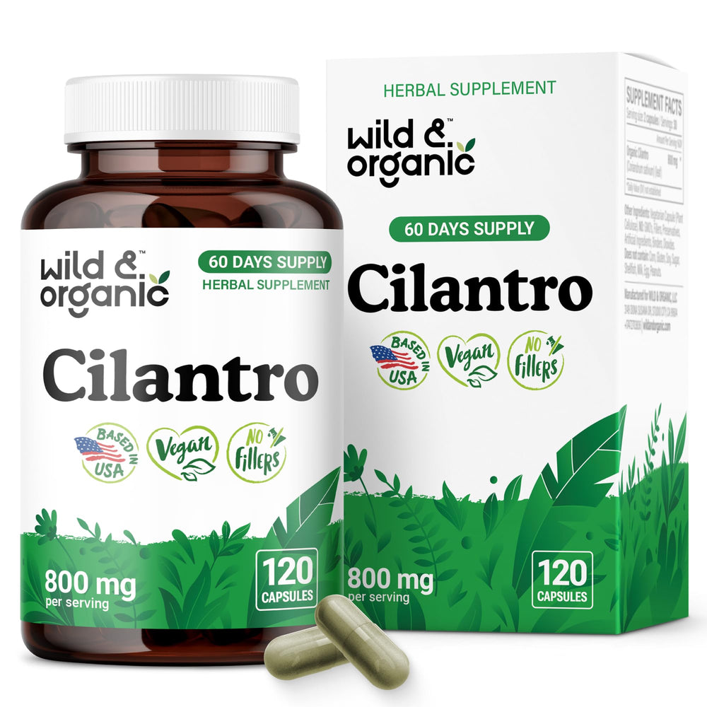Wild & Organic cilantro capsules bottle front highlighting detox support.