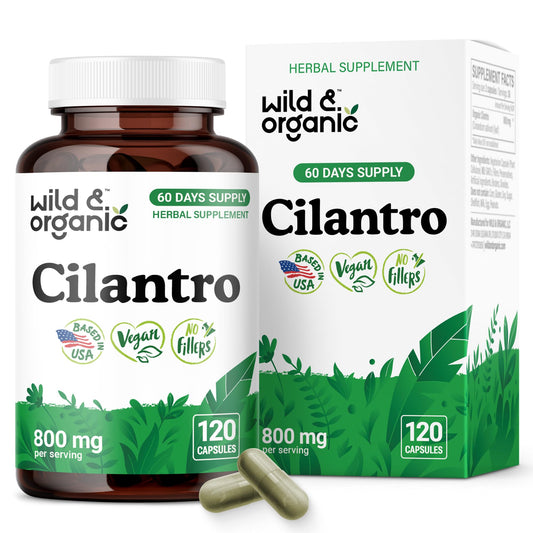 Wild & Organic cilantro capsules bottle front highlighting detox support.