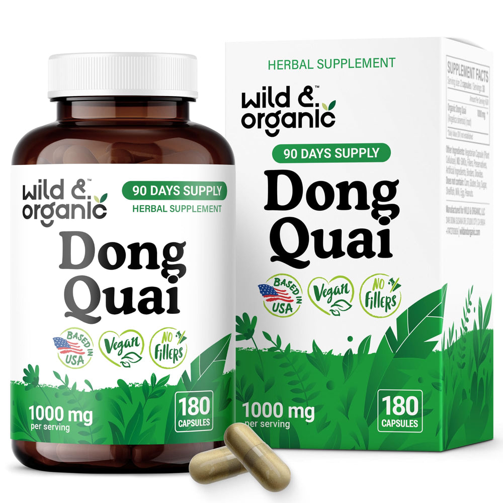 Wild & Organic Dong Quai bottle front with 180 capsules for a 90-day supply.