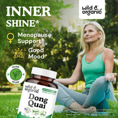 Wild & Organic dong quai capsules bottle back, gluten-free formula for sensitive diets.