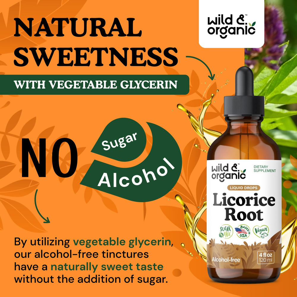 Wild & Organic licorice tincture packaging front highlighting natural formulation for digestive support.