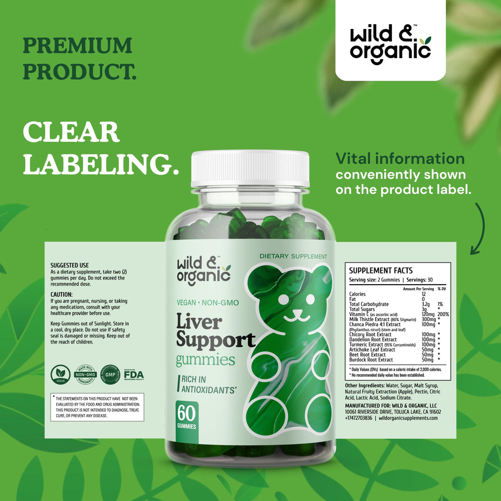 Wild & Organic Liver Support Gummies product shot emphasizes natural herbal ingredients and daily use.