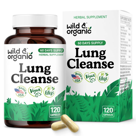 Wild and Organic Lung Cleanse bottle front view highlighting vegan formula for natural support